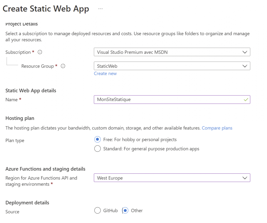 Create static web app